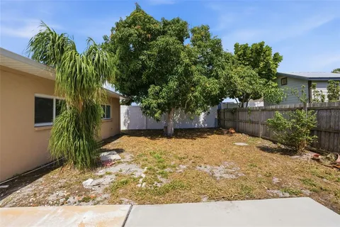 a view of a yard with plants and trees