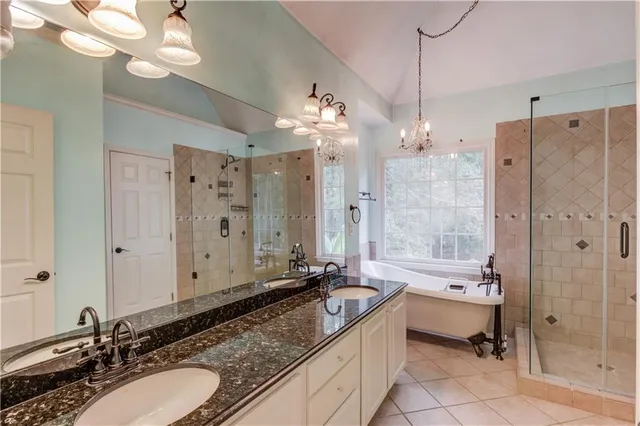 a bathroom with a granite countertop double vanity sink a large mirror and a shower