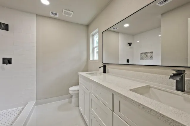 a bathroom with a sink a toilet a mirror and vanity