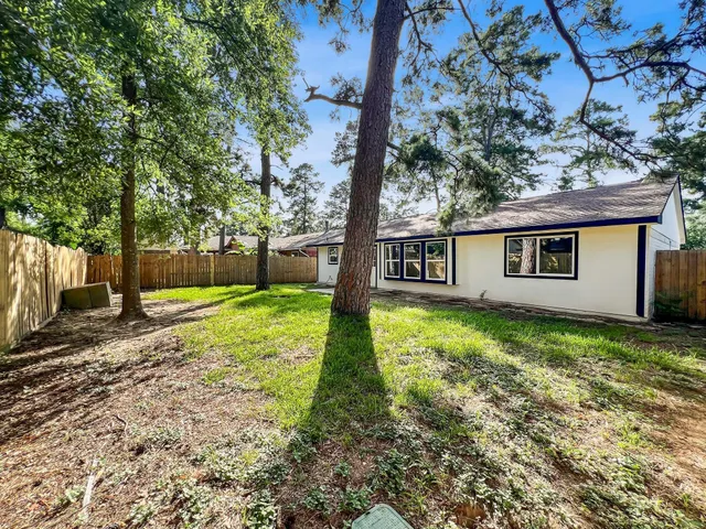 a view of a yard with plants and tree