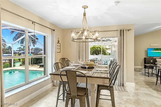 a view of a dining room with furniture window and outside view