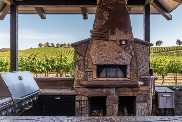 a view of backyard with a table and chairs and potted plants