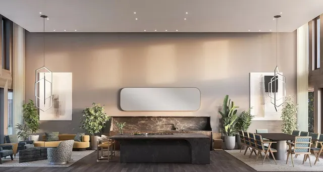 a living room with furniture a rug and a table