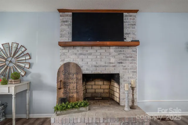 a front view of a fireplace with plants