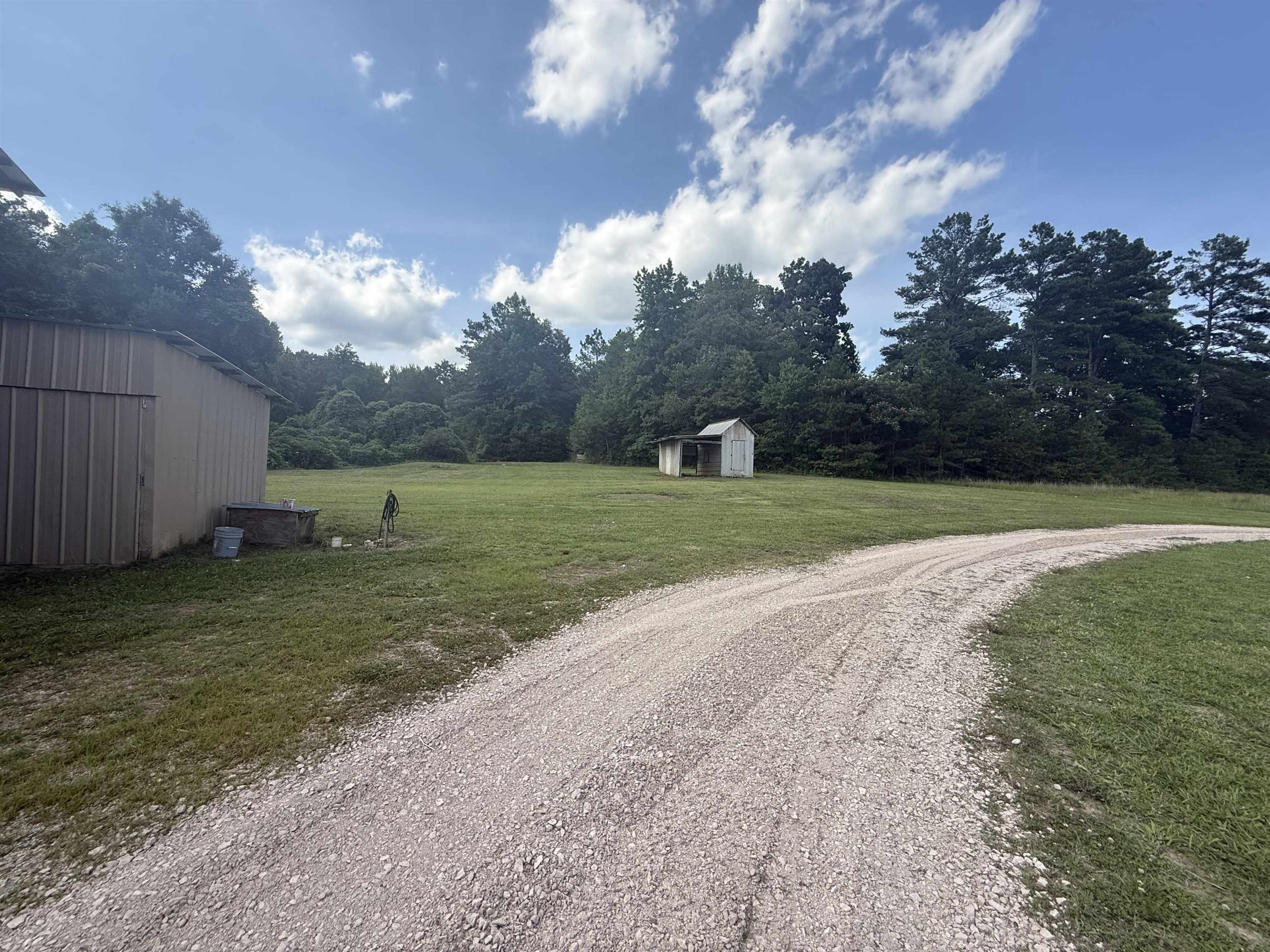 170 Leapwood Road Enville, TN 38332 - Photo 32 of 33 Gravel drive leading to a metal-sided utility building and a smaller detached shed