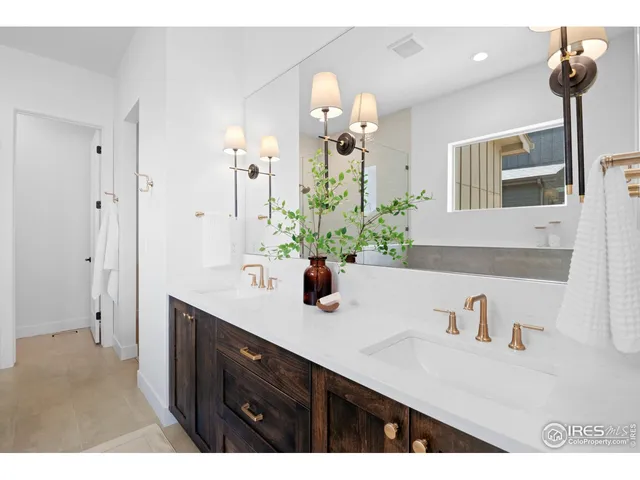 a bathroom with a sink a potted plant and a mirror