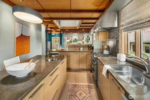 a room with a table and chairs in it