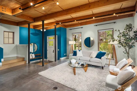 a dining room with large window