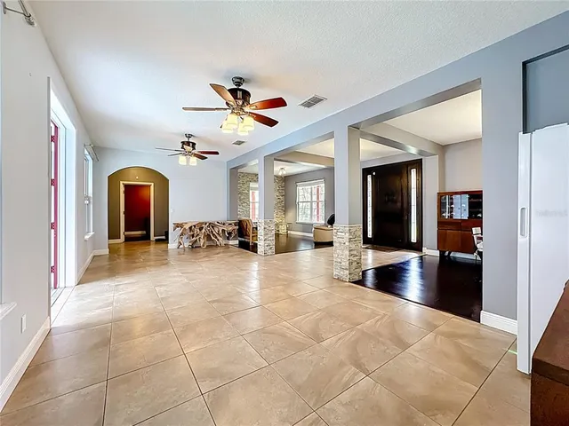 a view of a dining room with furniture