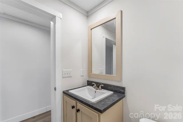 a bathroom with a granite countertop sink and a mirror
