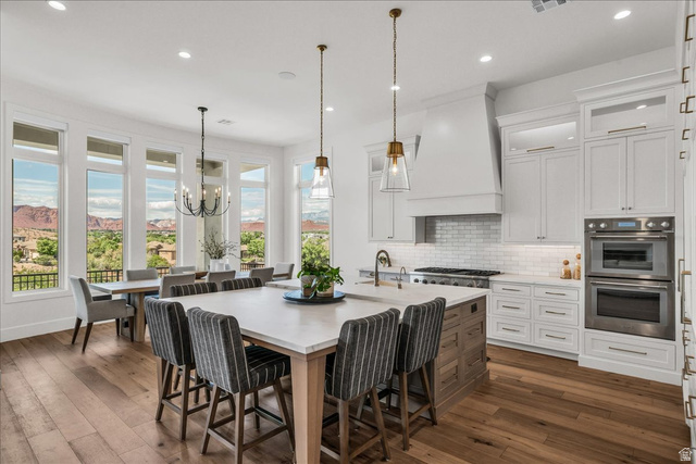 2608 Canyon Ridge Drive St. George, UT 84770 - Photo 17 of 86 Gourmet kitchen featuring a large central island, white shaker cabinetry, stainless steel appliances, and wood-finish flooring