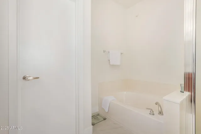 a bathroom with a bathtub and a toilet