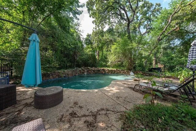 a view of a backyard with potted plants and water fountain