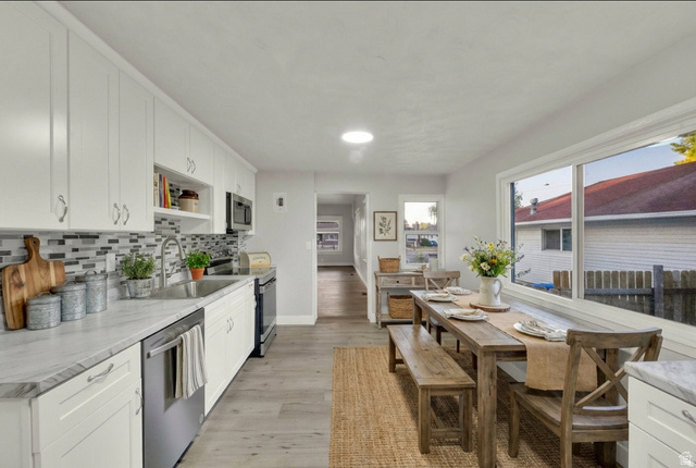 197 West Center Street Midvale, UT 84047 - Photo 7 of 12 Kitchen featuring white cabinetry, stainless steel appliances, light wood-type flooring, and open shelves