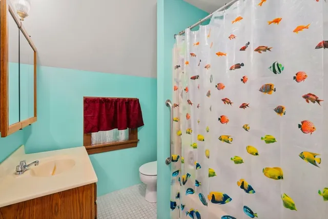 a bathroom with a sink toilet and a shower curtain