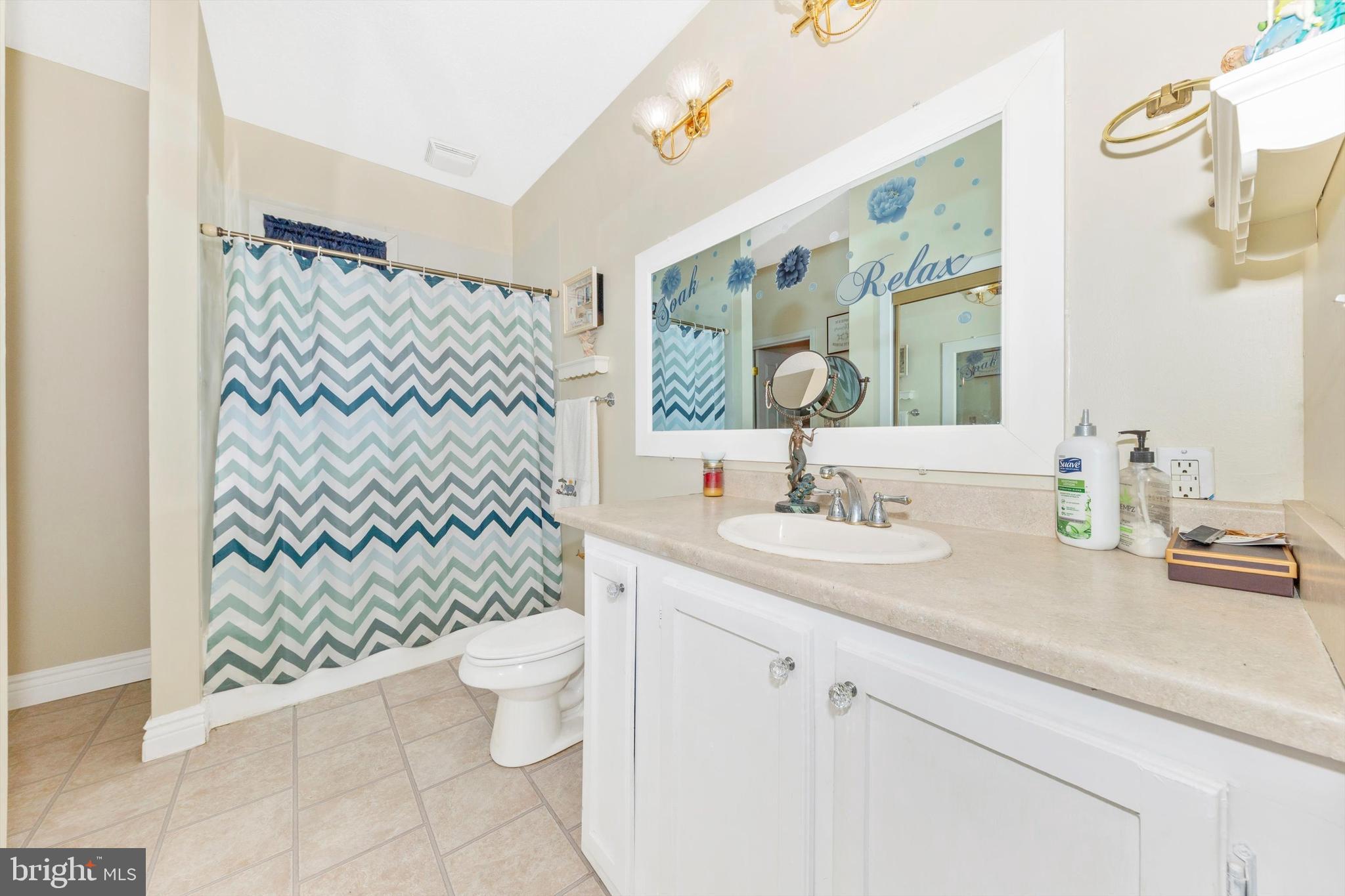 13450 Millstone Circle Hancock, MD 21750 - Photo 24 of 61 a bathroom with a granite countertop sink a toilet and a shower curtain