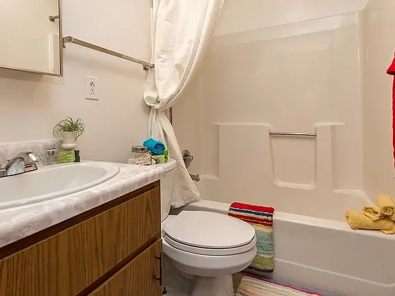 a bathroom with a sink toilet vanity and tub