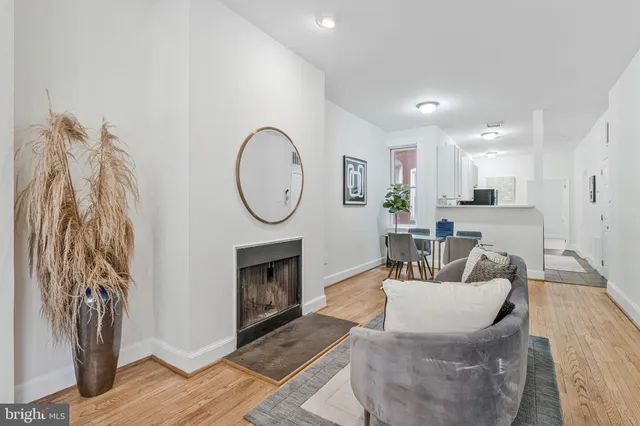 a living room with furniture a mirror and a fireplace