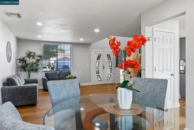 a living room with furniture and a potted plant
