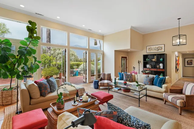 a living room with furniture potted plant and a large window