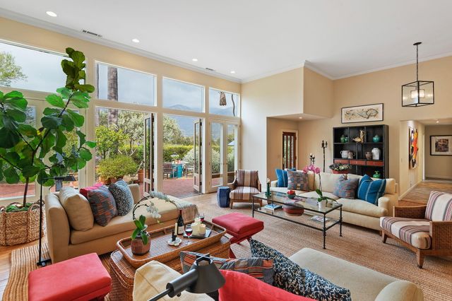 a living room with furniture potted plant and a large window