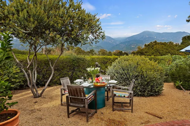 a view of a chairs and table in patio