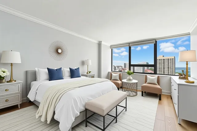 a bedroom with a bed and a large window