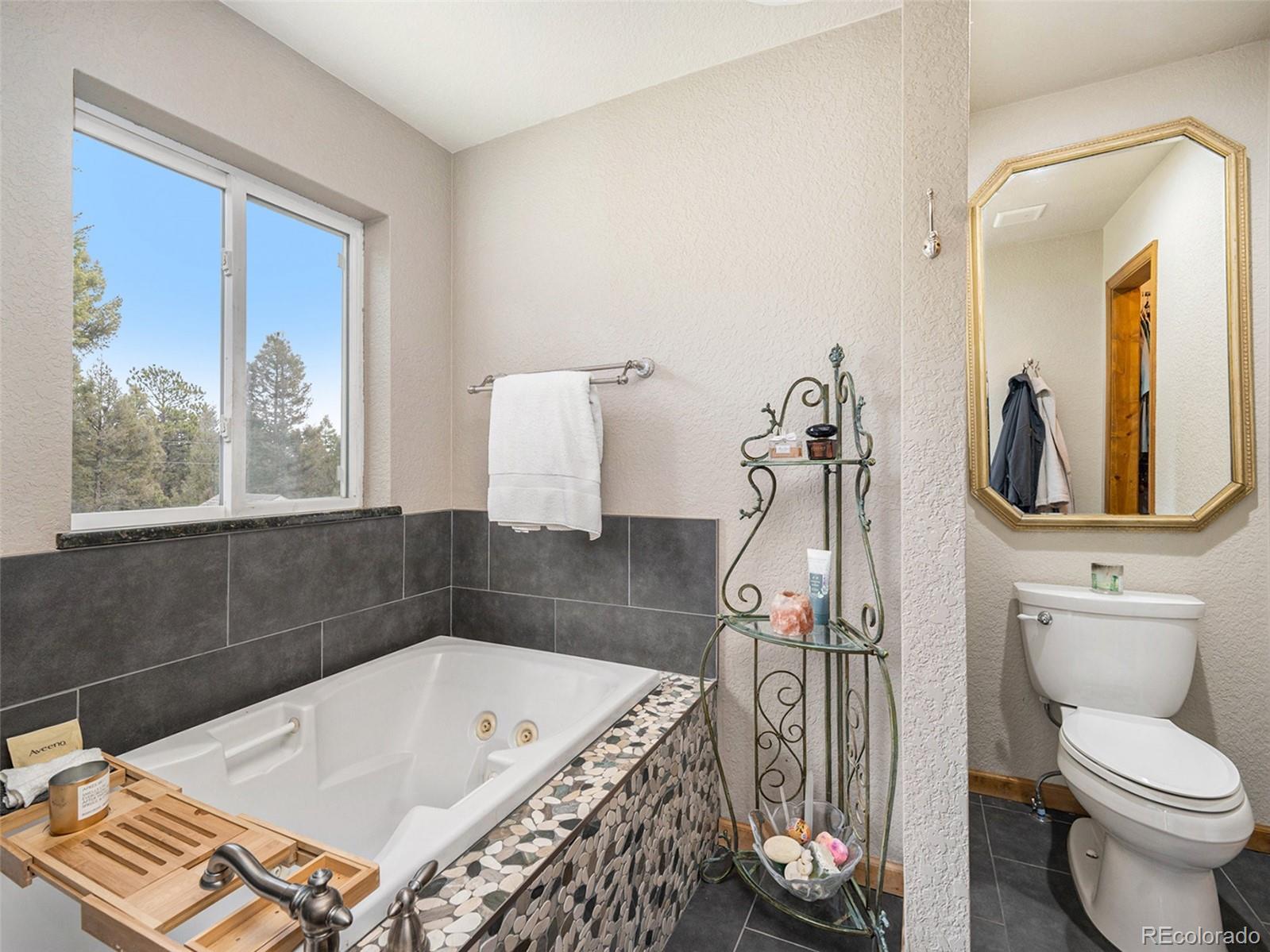 11748 Apache Trail Conifer, CO 80433 - Photo 14 of 34 a bath room with a toilet a bath tub and a shower