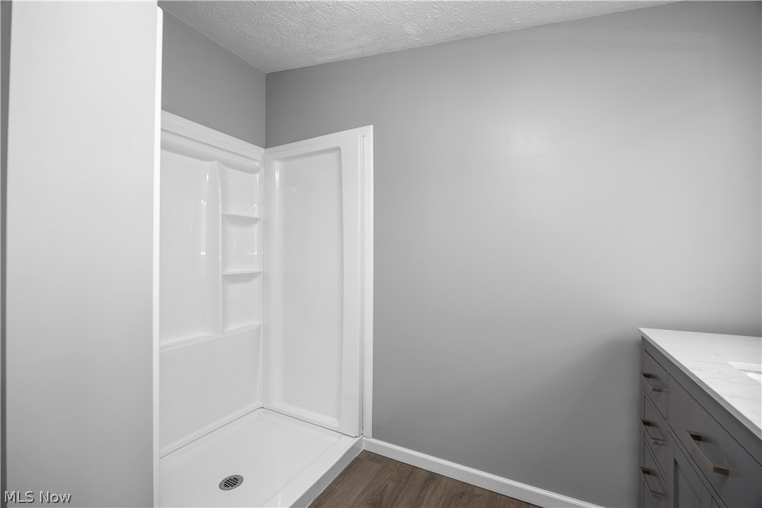294 Twp 150 Road Sullivan, OH 44880 - Photo 29 of 39 Shower stall with built-in shelving, wood-finish flooring, and a modern vanity featuring a stone-look countertop and contemporary hardware