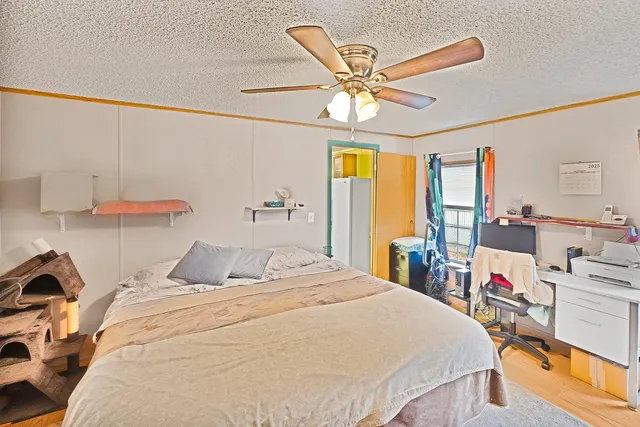 a bedroom with a bed a ceiling fan and a large mirror on the dresser
