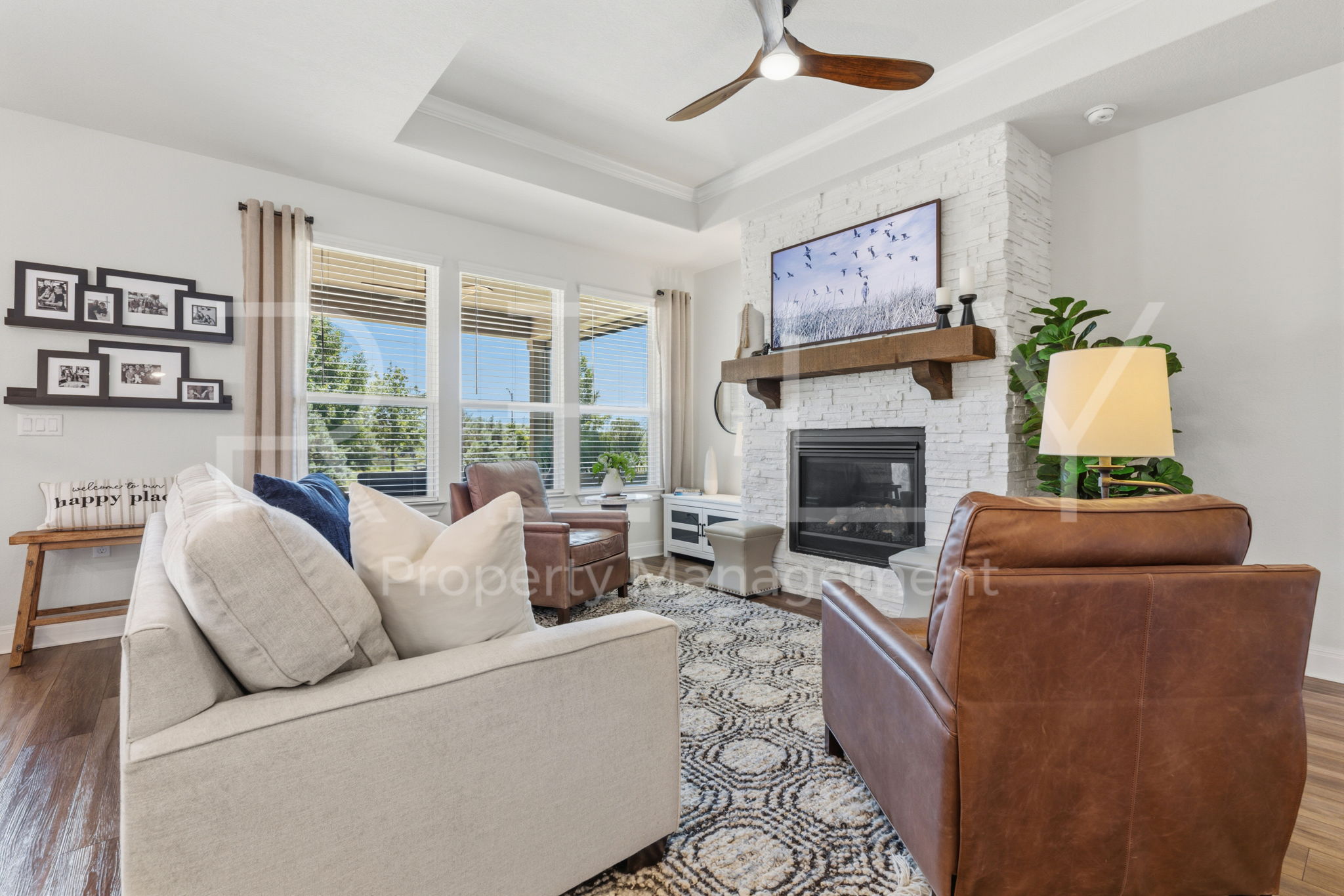 101 Spanish Star Street Georgetown, TX 78633 - Photo 15 of 39 A well-lit living space features a cozy fireplace, ample natural light, and elegant tray ceilings.
