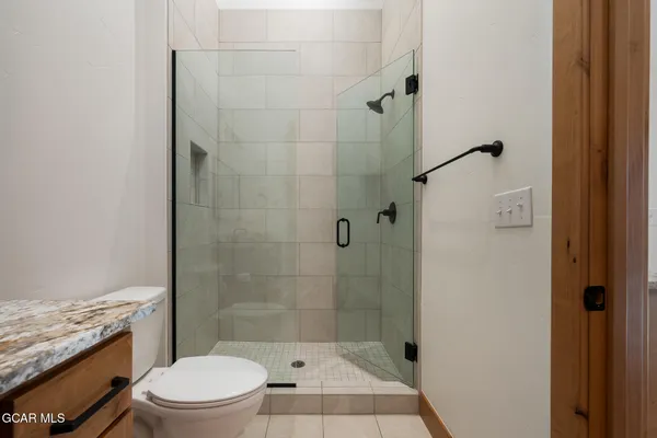 a bathroom with a shower and a toilet