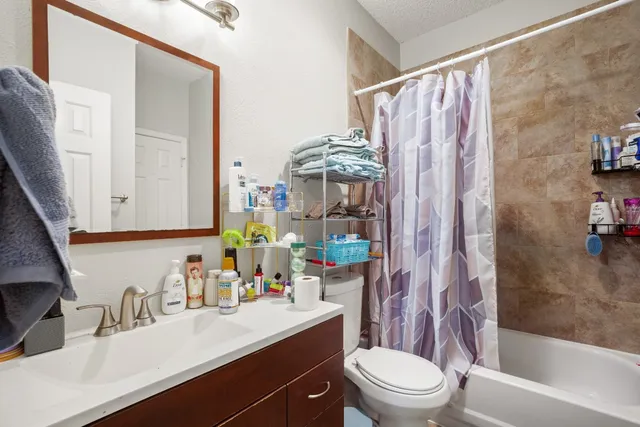 a bathroom with a sink a toilet and shower curtain
