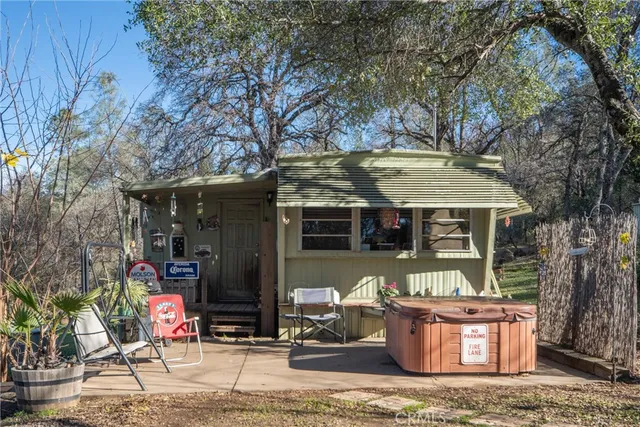 a front view of a house with patio