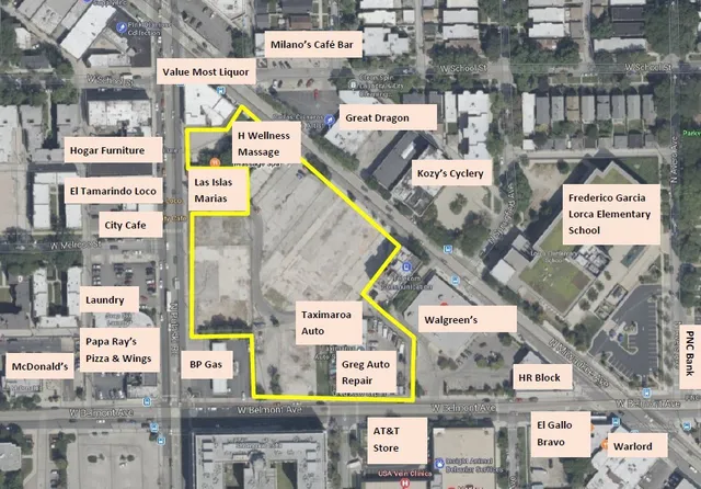 a view of a street with sitting area