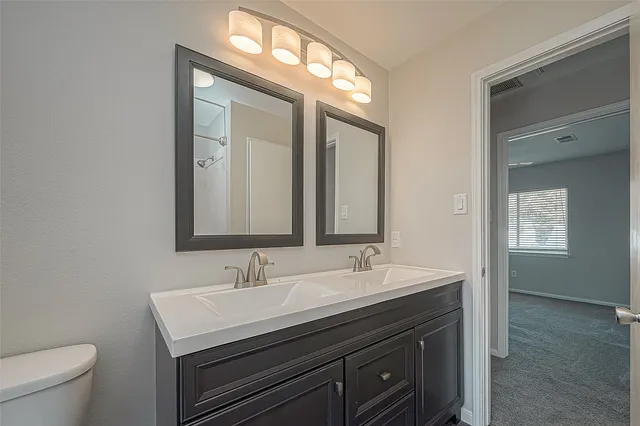 a bathroom with a sink vanity and a mirror