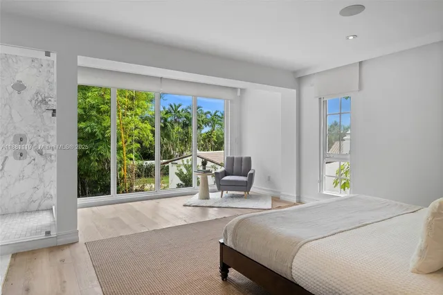 an aerial view of a house with a garden