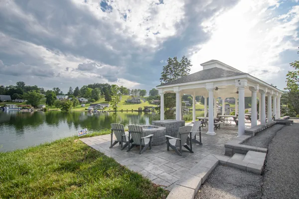 a view of a lake from a yard