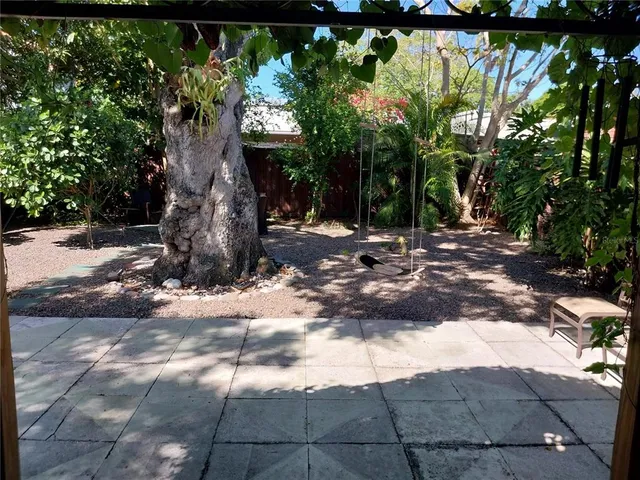 a view of a yard with plants and large trees