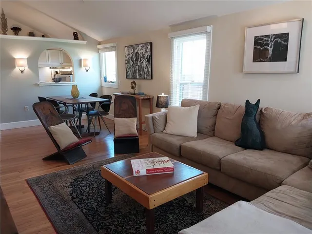 a living room with furniture a rug and a window