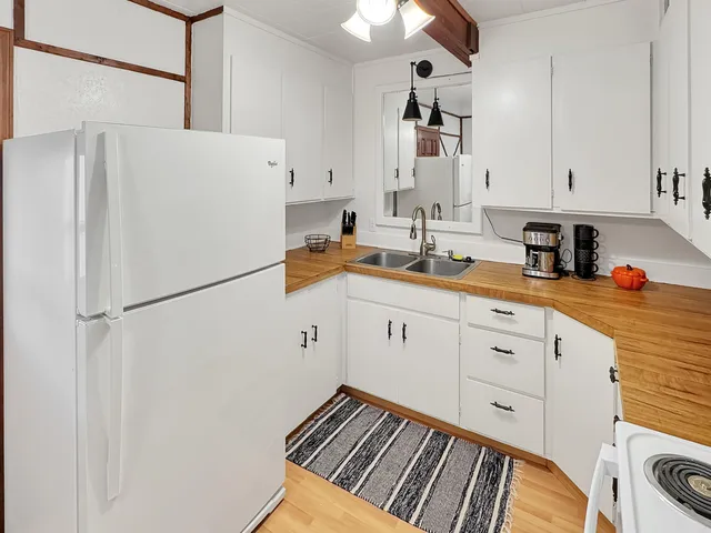 a kitchen with a refrigerator and a sink