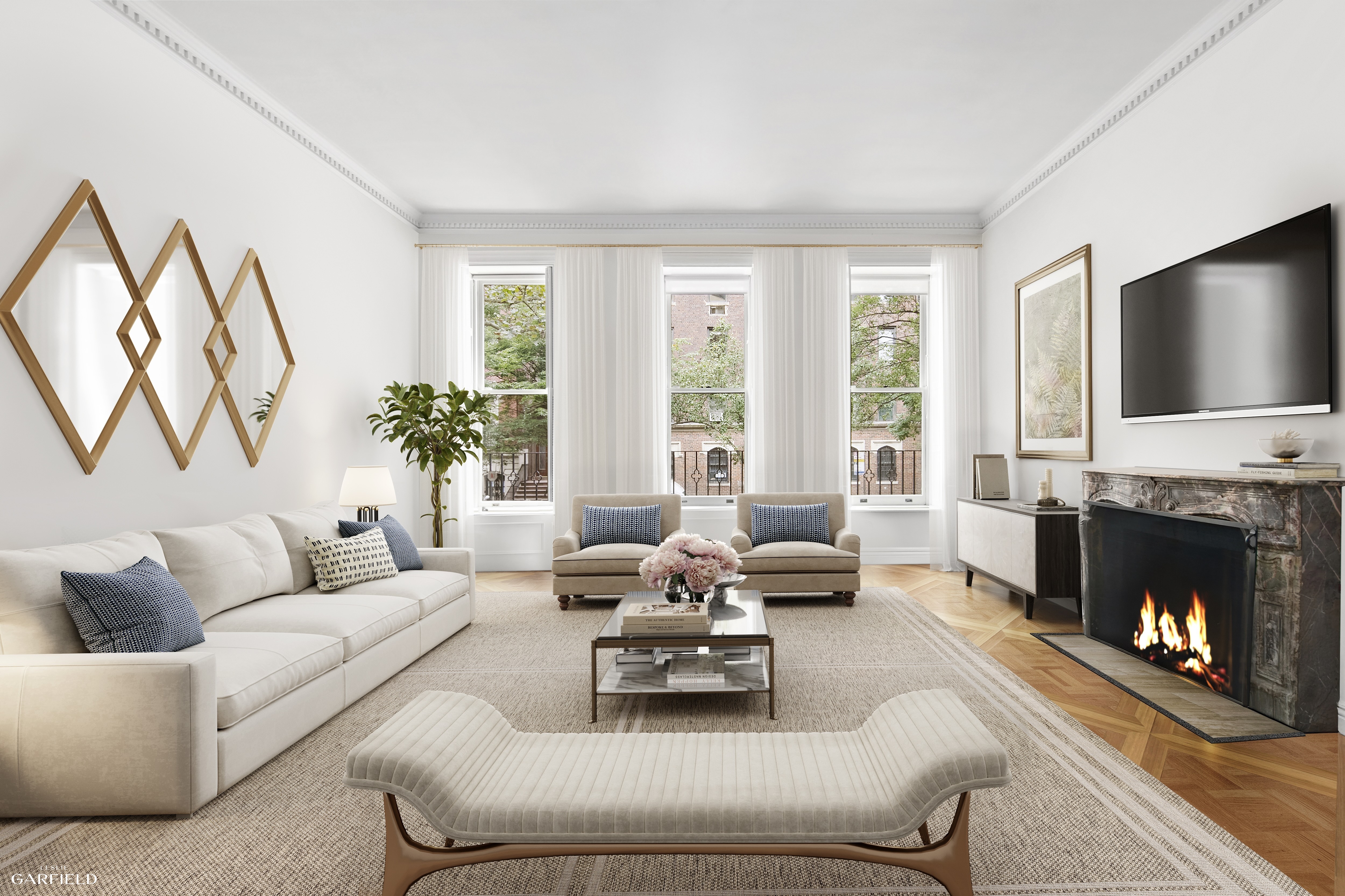 159 East 71st Street Manhattan, NY 10021 - Photo 3 of 14 a living room with furniture a fireplace and a flat screen tv