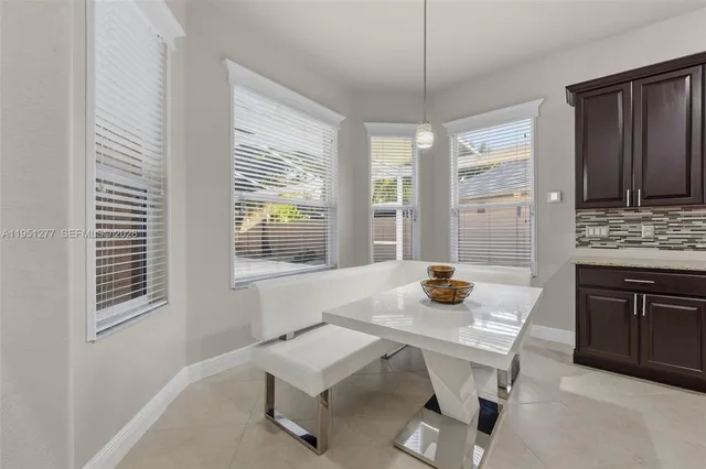 a view of a dining room with furniture window and outside view