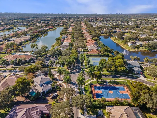 an aerial view of residential houses with outdoor space and swimming pool