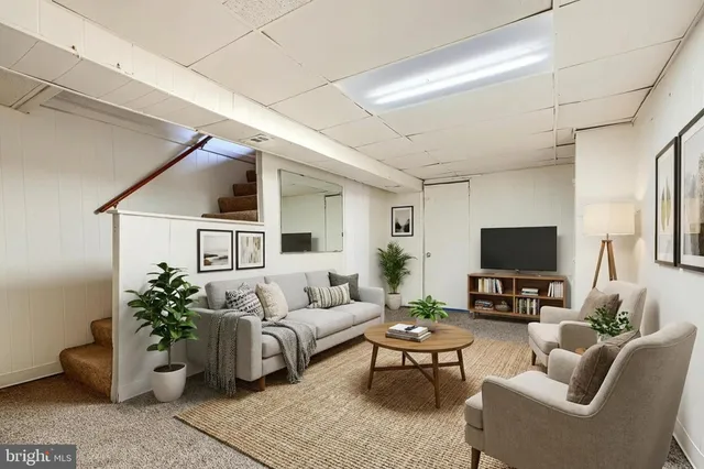 a living room with furniture and a potted plant