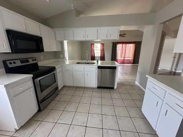 a kitchen with a stove a sink and a microwave