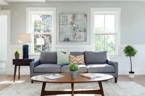 a living room with furniture potted plant and a window
