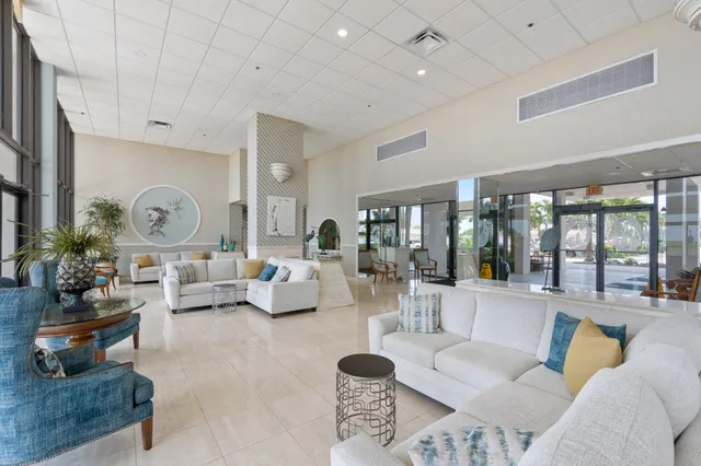 a living room with furniture a rug potted plant and a large window