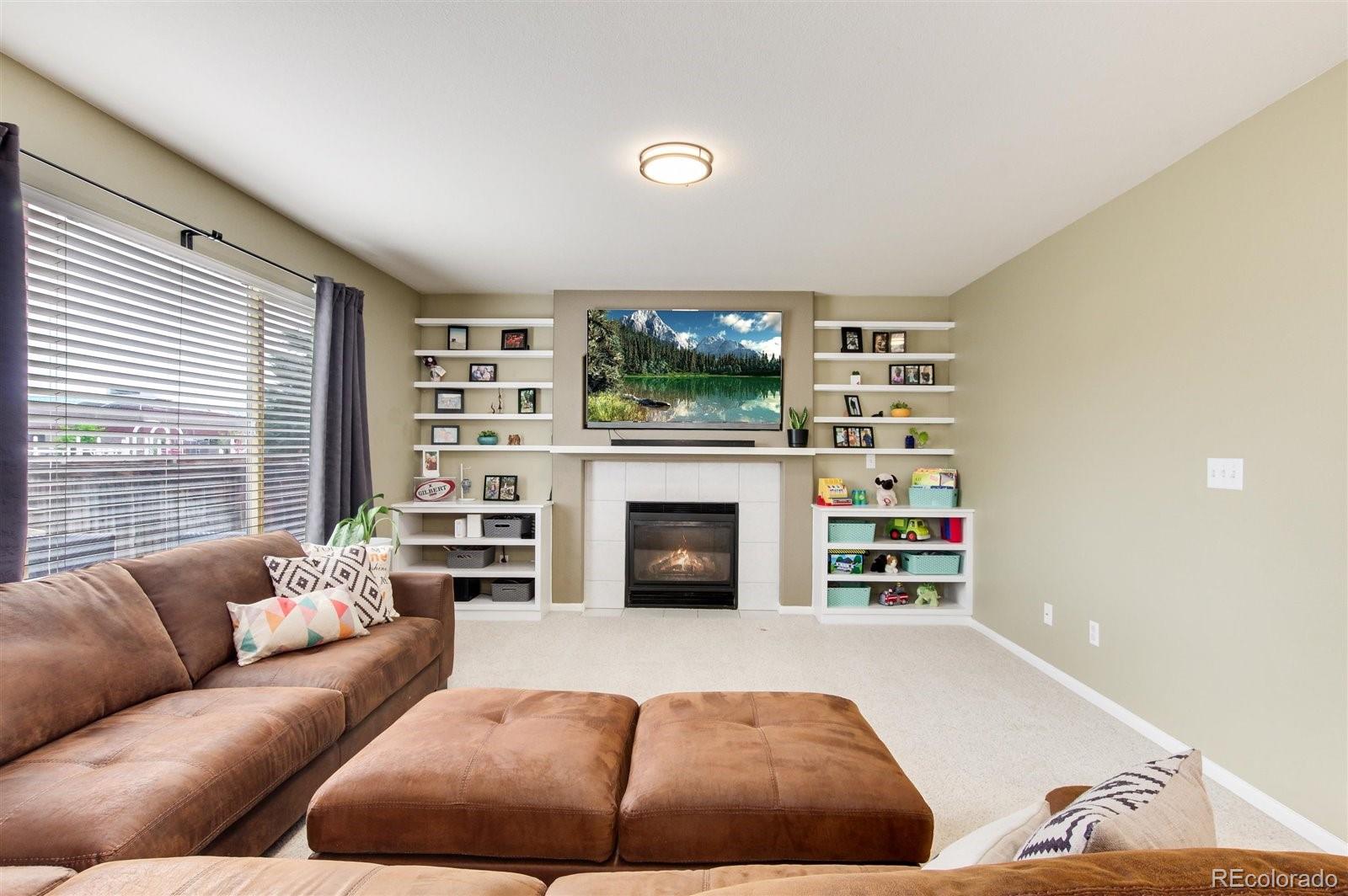 9701 Moss Rose Circle Highlands Ranch, CO 80129 - Photo 20 of 40 a living room with furniture a fireplace and a flat screen tv