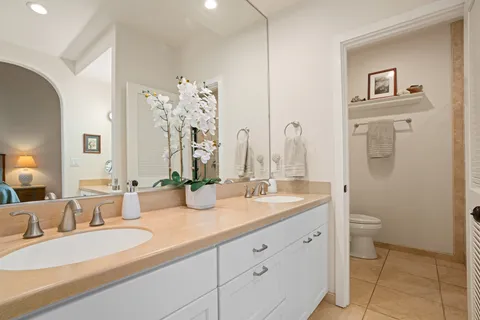 a bathroom with double vanity sink a mirror and a toilet